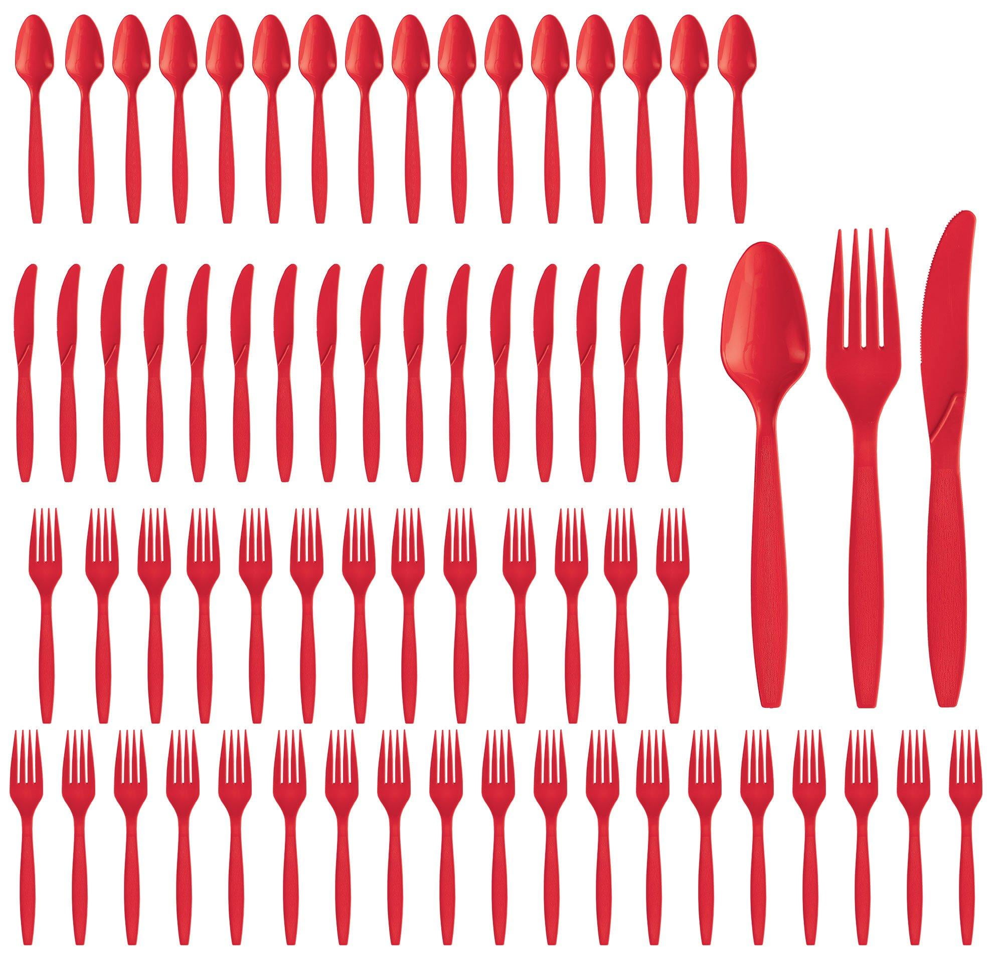 Party City Assorted Disposable Cutlery Set, 64-Piece Set (Red) - 32 Forks, 16 Knives & 16 Spoons - Go Brightly Heavy Duty Disposable Plastic Forks, Spoons & Knives - Party Supplies Cutlery