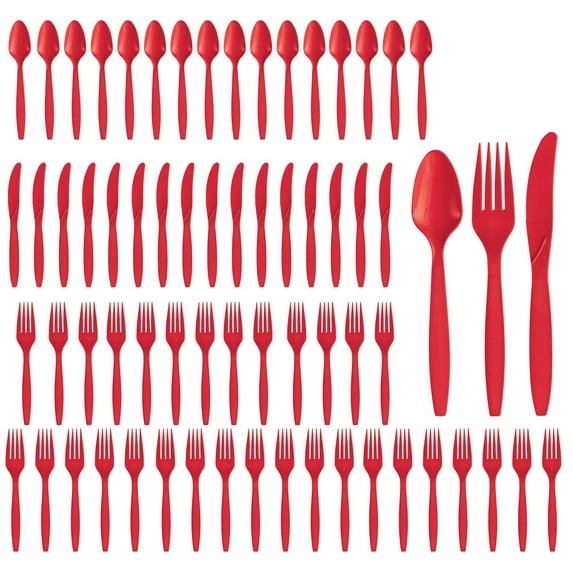 Party City Assorted Disposable Cutlery Set, 64-Piece Set (Red) - 32 Forks, 16 Knives & 16 Spoons - Go Brightly Heavy Duty Disposable Plastic Forks, Spoons & Knives - Party Supplies Cutlery
