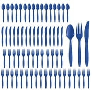 Party City Assorted Disposable Cutlery Set, 64-Piece Set Royal Blue - 32 Forks, 16 Knives & 16 Spoons - Go Brightly Heavy Duty Disposable Plastic Forks, Spoons & Knives - Party Supplies Cutlery