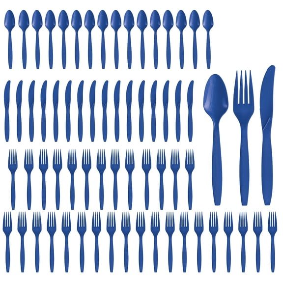 Party City Assorted Disposable Cutlery Set, 64-Piece Set (Royal Blue) - 32 Forks, 16 Knives & 16 Spoons - Go Brightly Heavy Duty Disposable Plastic Forks, Spoons & Knives - Party Supplies Cutlery