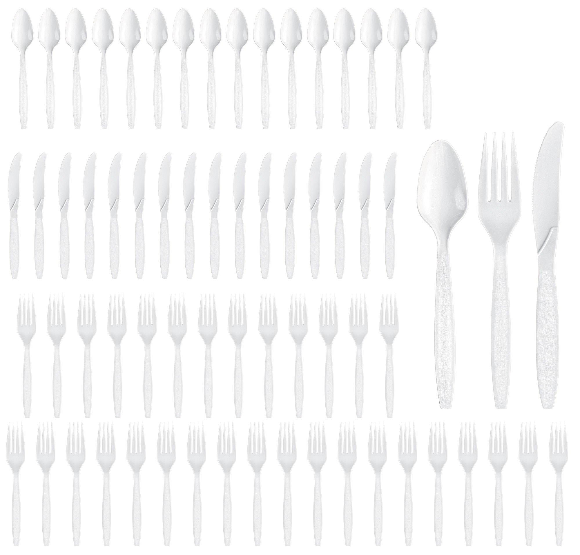 Party City Assorted Disposable Cutlery Set, 64-Piece Set (White) - 32 Forks, 16 Knives & 16 Spoons - Go Brightly Heavy Duty Disposable Plastic Forks, Spoons & Knives - Party Supplies Cutlery