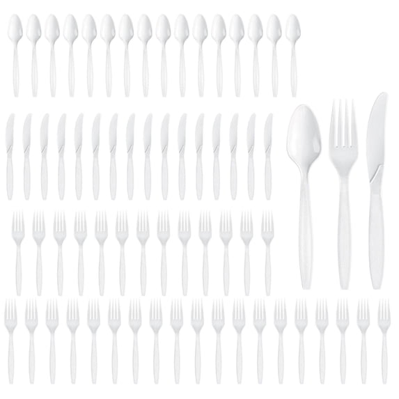 Party City Assorted Disposable Cutlery Set, 64-Piece Set (White) - 32 Forks, 16 Knives & 16 Spoons - Go Brightly Heavy Duty Disposable Plastic Forks, Spoons & Knives - Party Supplies Cutlery