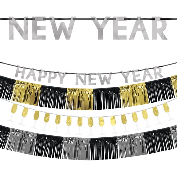 Party City Black, Gold and Silver Happy New Year Banners Set, Party Supplies, Foil and Cardstock, Various Sizes, 4 Count