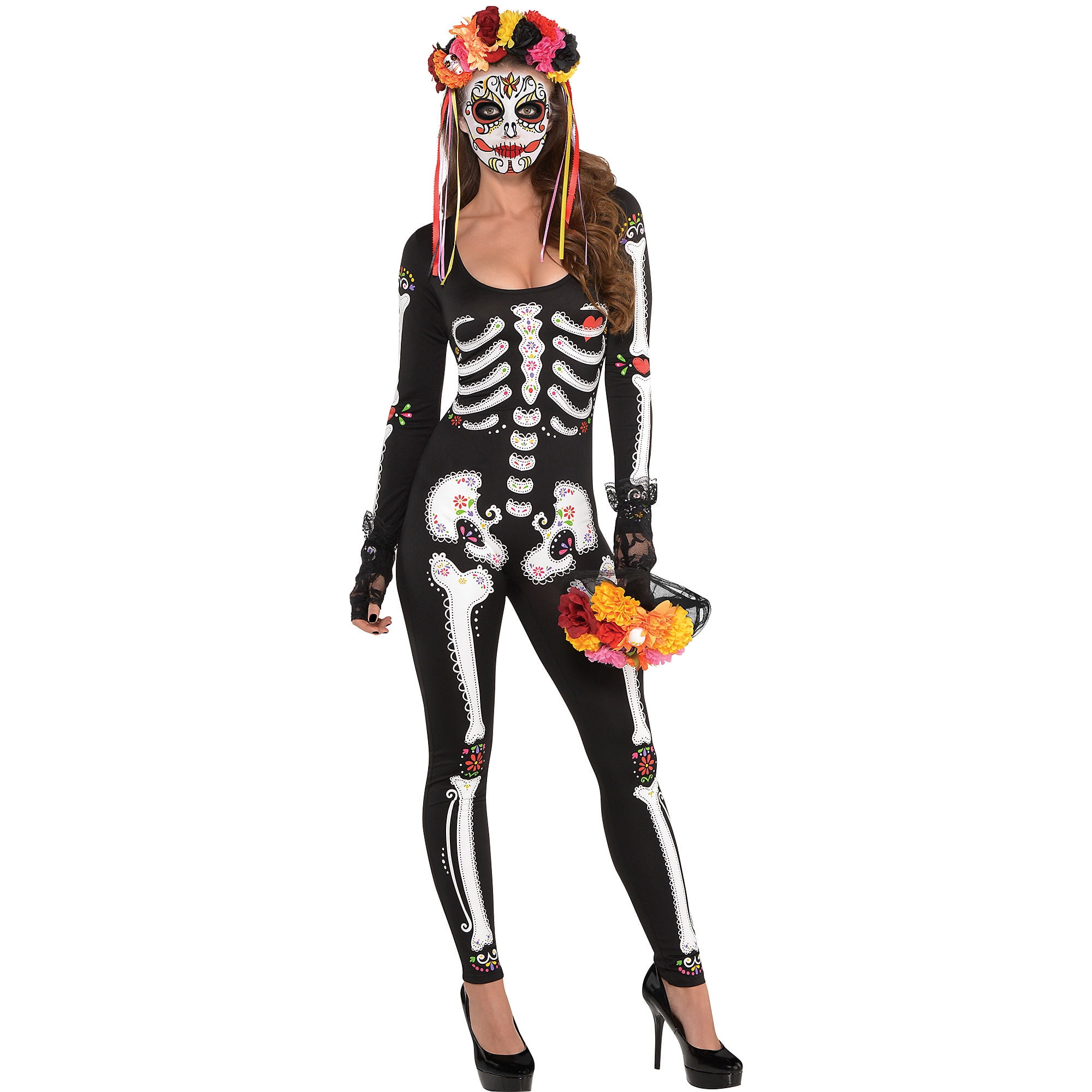 skeleton dress party city Party City Day of The Dead Catsuit Halloween Costume for Women, Large/Extra  Large (14-16), Dia de Los Muertos