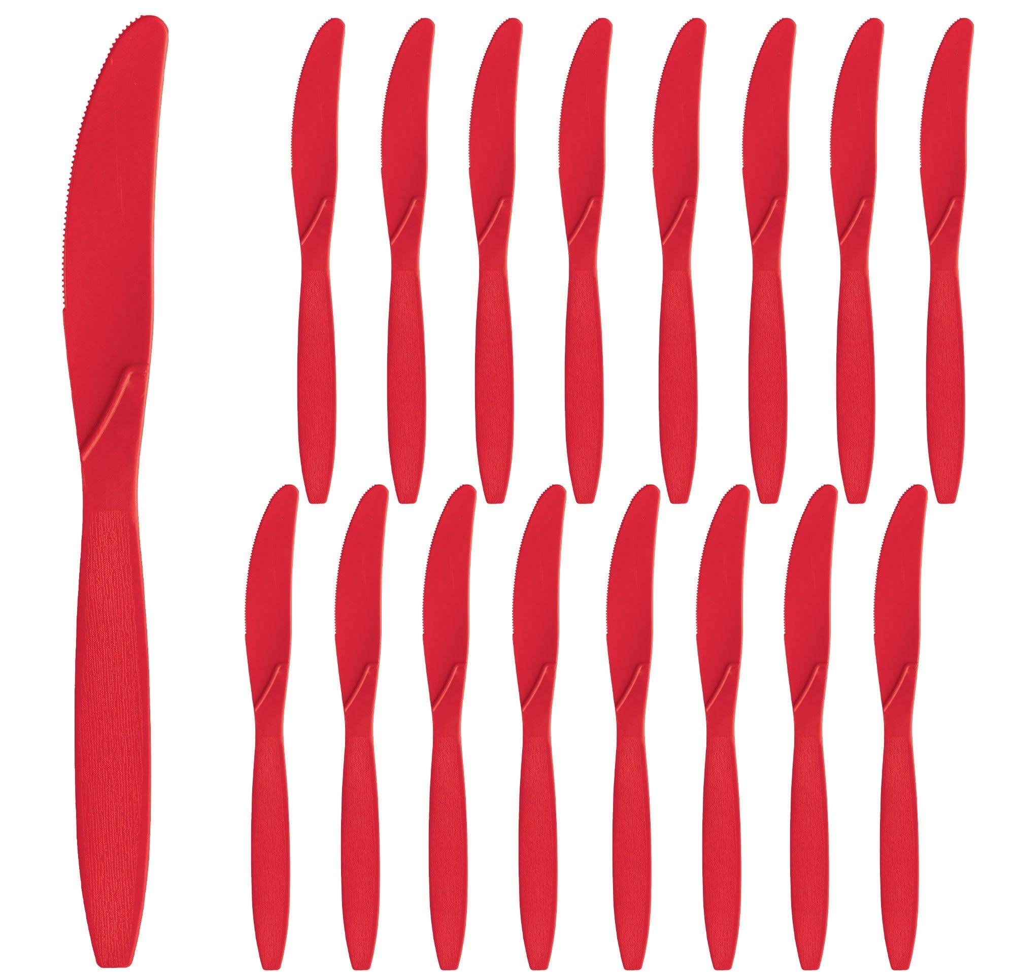 Party City Disposable Plastic Knives, 16 Count (Red) - Go Brightly Heavy Duty Classic Reuseable Plastic Knife - Premium Party Supplies Cutlery