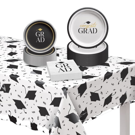 Party City Graduation Tableware Kit for 24 - Black, White, and Gold