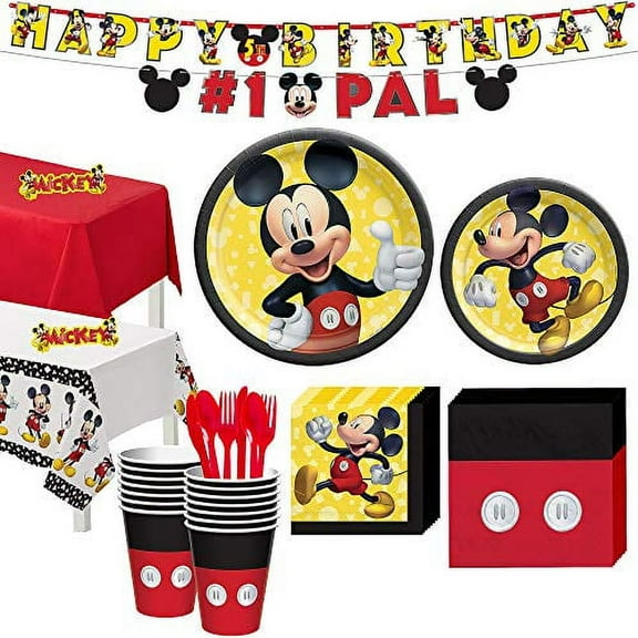 Party City Mickey Mouse Forever Tableware for 16 Guests, Disney Plates, Napkins, Cups, Utensils, and Decorations