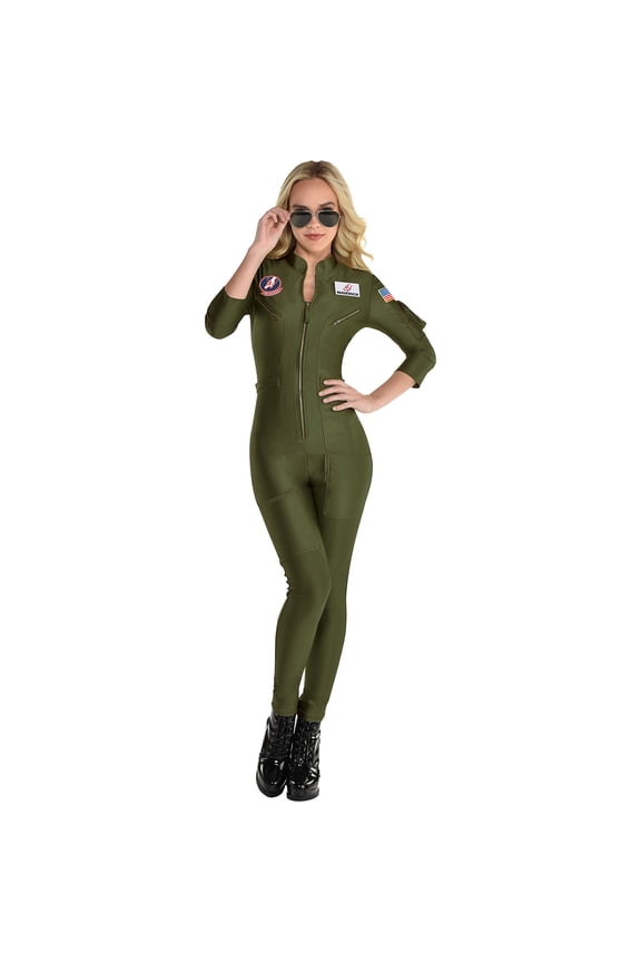 Top Gun: Maverick Flight Costume for Women, Halloween, Olive Green, Medium (6-8), Catsuit with Zipper