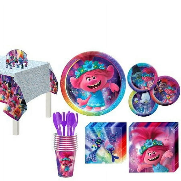Party City Trolls World Tour Tableware for 8 Guests, Poppy and Branch Plates, Napkins, Cups, Utensils, and Decorations