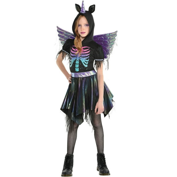 Party City Zombie Unicorn Halloween Costume for Girls, Medium (8-10), Includes Hooded Dress and Wings