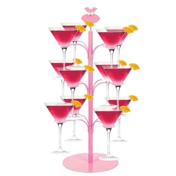 Party Cocktail Glass Display Stand,Metal Tree Stand 3 Tier - 12 Holders For Champagne, Cocktails, Wine Glass Cups Holder for Parties Weddings,Bridal Parties & Events,Pink