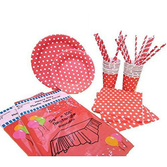 Party Combo Pack Red and White Polka Dot Paper Set For 16 Guest, 178 Pieces.Includes 32 Forks,16 Spoons, 16 Knives, 16 9" Plates, 16 7" Plates, 2 Tablecloths, 20 Cups, 20 Straws, 40 Napkins.