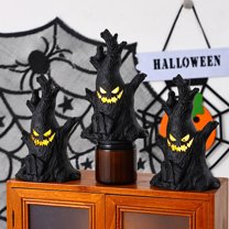 Party Decor 3Pcs Halloween Tree With Glowing Pumpkin Lights Scary Halloween Decorations Night Light Fall Tiered Tray Decor Tree Lights Indoor Village Ghost Statue Haunted B