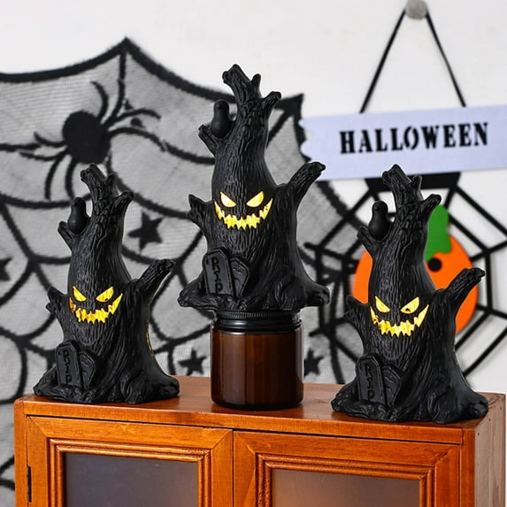 Party Decor 3Pcs Halloween Tree With Glowing Pumpkin Lights Scary Halloween Decorations Night Light Fall Tiered Tray Decor Tree Lights Indoor Village Ghost Statue Haunted B