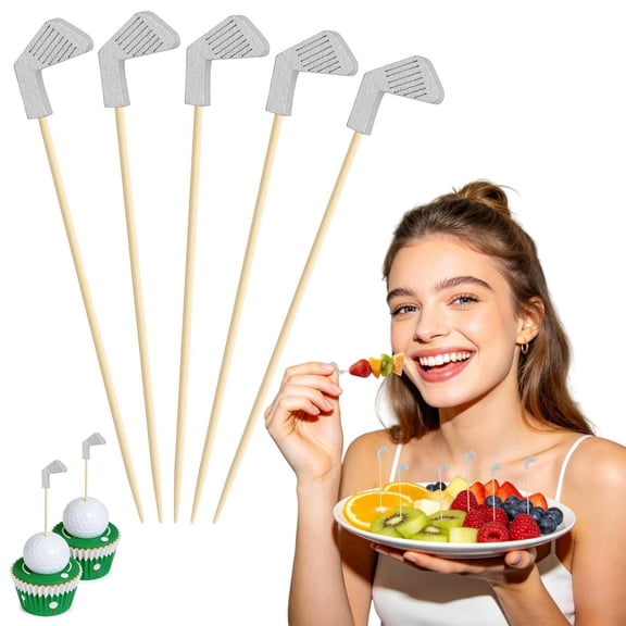 Party Decor Picks, Golf Themed Party Decorations, Cocktail Picks for Drinks, Picks, 5 Inch 100 Pack Bamboo Toothpicks with Decorative Golf Club Top, Perfect for Appetizers, Baked