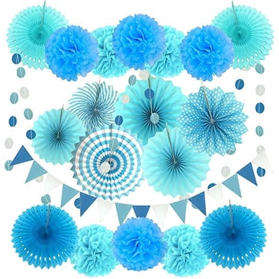 Party Decoration, 21 Pcs Blue Hanging Paper Fans, Pom Poms Flowers, Garlands String Polka Dot and Triangle Bunting Flags for Boy Birthday Parties, Bridal Showers, Baby Showers, Wedding