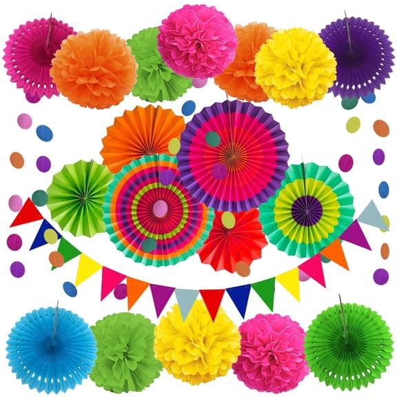 Party Decoration, 21 Pcs Multi-color Hanging Paper Fans, Pom Poms Flowers, Garlands String Polka Dot and Triangle Bunting Flags for Birthday Parties, Wedding Dcor, Fiesta or Mexican Party