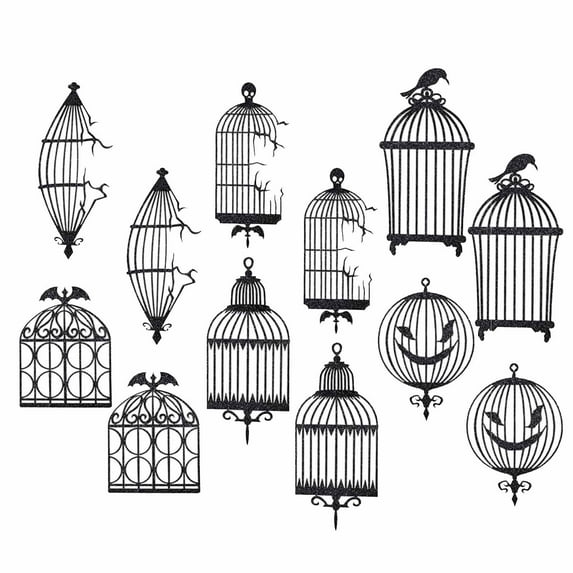 Party Decoration Glitter Birdcage And Crow Hanging Decoration Set, 24 Pieces With 12 Unique Birdcage Designs And 12 Crow Decorations, Lightweight Cardstock For Gothic Horror