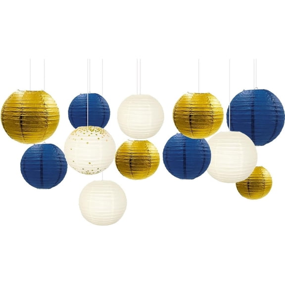 Party Decorations - 12PCS Navy Blue Gold Glitter Hanging Paper Lanterns for Graduation Decoration, Birthday, Bridal Shower, Wedding, Engagement, Bachelorette, Gender Reveal Party Supplies