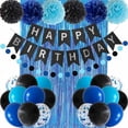 thumbnail image 1 of Party Decorations Balloons Banners Happy Birthday Kit Blue Party PomPoms Foil Curtain Boys Men Décor Supplies, 1 of 7