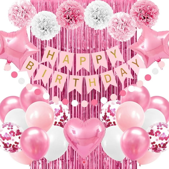 Party Decorations Balloons Banners Happy Birthday Kit Pink Party PomPom Flower Confetti Ribbons Foil Fringe Curtain Girls Women Décor Supplies