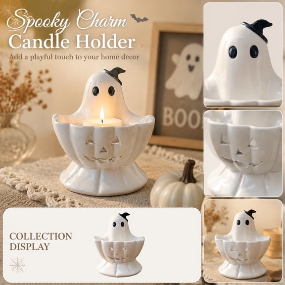 Party Decorations, Ceramic Candle Holder, Home Decorations, Halloween Decorations, 5X2.5X5 Inch Jack O Lantern Base Ghost Themed Halloween Candle Display Stand Desktop Decorative