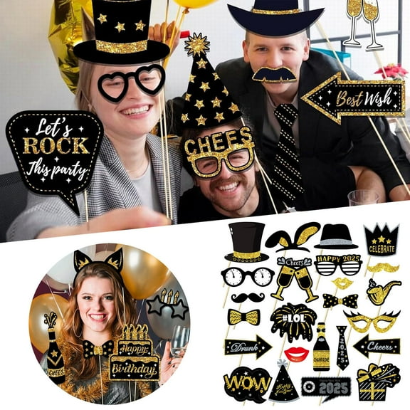 Party Decorations Clearance! 1*Party Dance Photo Supplies 53 Pieces Black Golden Photo Booth Props for Birthday Wedding New Year Mix of Hats Lipstick Tie Crowns and More Funny Selfie Props
