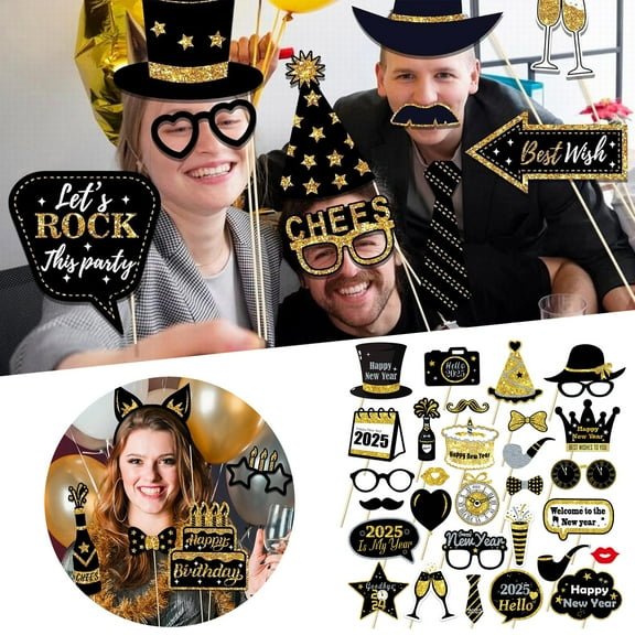 Party Decorations Clearance! 1*Party Dance Photo Supplies 53 Pieces Black Golden Photo Booth Props for Birthday Wedding New Year Mix of Hats Lipstick Tie Crowns and More Funny Selfie Props