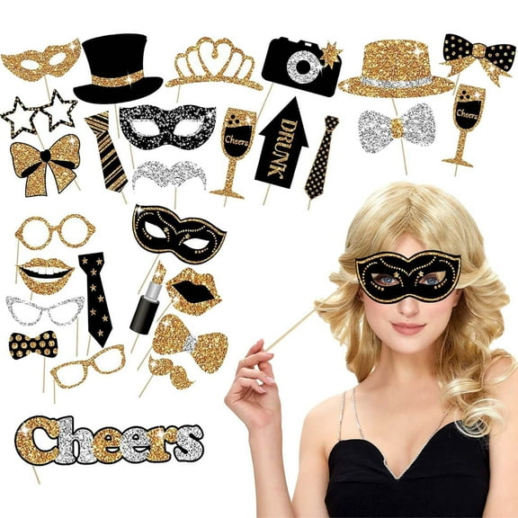 Party Decorations Clearance! 1*Party Photo Supplies 30Pcs 30 Pieces Black Golden Photo Booth Props for Birthday Wedding New Year Mix of Hats Lipstick Tie Crowns and More Funny Selfie Props