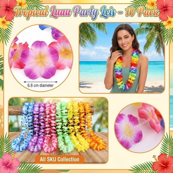 Party Decorations, Hawaiian Luau Party Decorations, Leis for Luau Party, Artificial Flower Rainbow Garlands, 10 Pack 16 Inch Diameter Colorful Floral Neck Wreaths for Themed