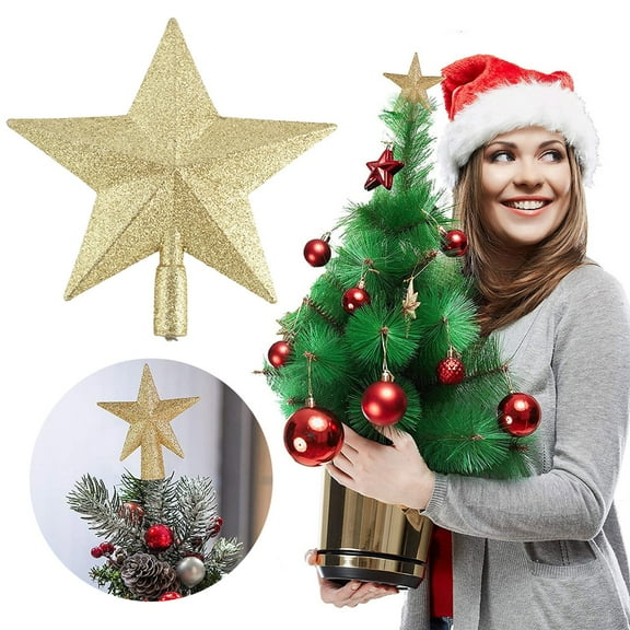 Party Decorations Promotion Sale! 2Pcs Glitter Mini Christmas Tree Topper Mini Xmas Tree Topper Ornaments for Small Christmas Tree Decoration Glitter Five Pointed Star Christmas Tree Topper