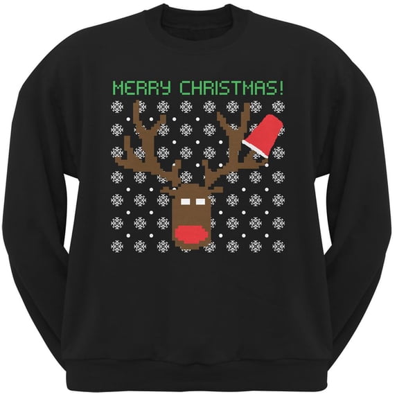 Party Deer Ugly Christmas Sweater Black Adult Crew Neck Sweatshirt - Large