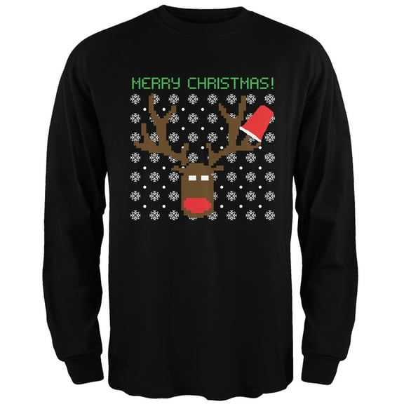Party Deer Ugly Christmas Sweater Black Adult Long Sleeve T-Shirt - X-Large