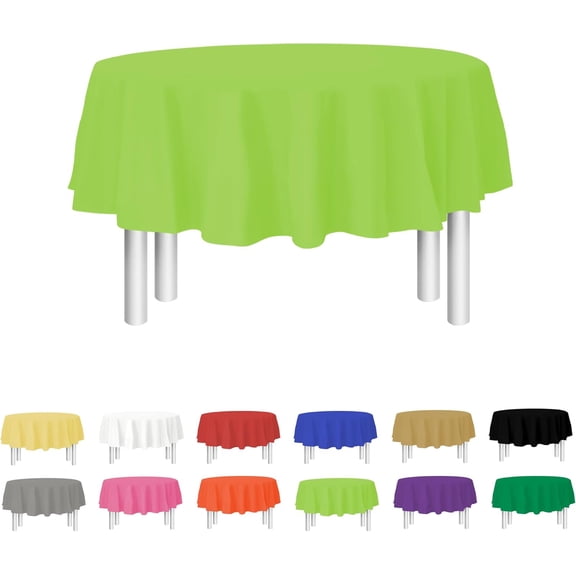 Party Dimensions Disposable Tablecloth Set, Plastic Table Cover for Round Tables 84", Lime Green, 12 Pack