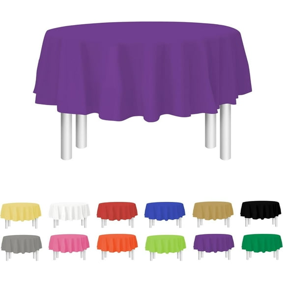 Party Dimensions Disposable Tablecloth Set, Plastic Table Cover for Round Tables 84", Purple, 12 Pack