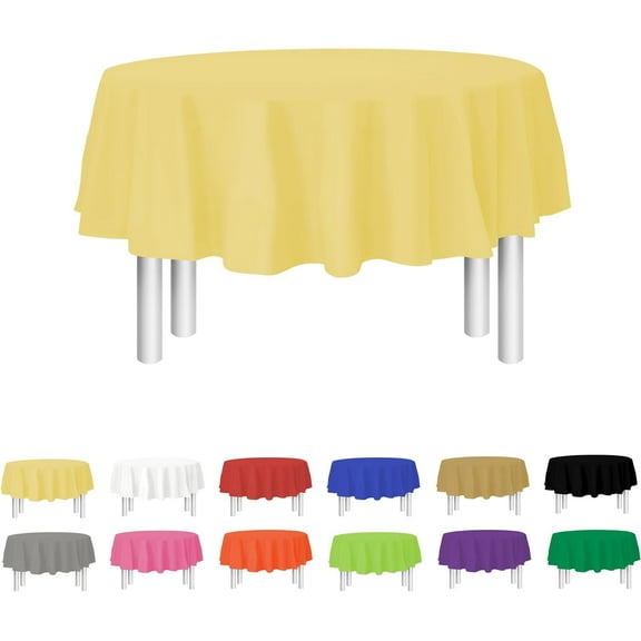 Party Dimensions Disposable Tablecloth Set, Plastic Table Cover for Round Tables 84", Yellow, 12 Pack