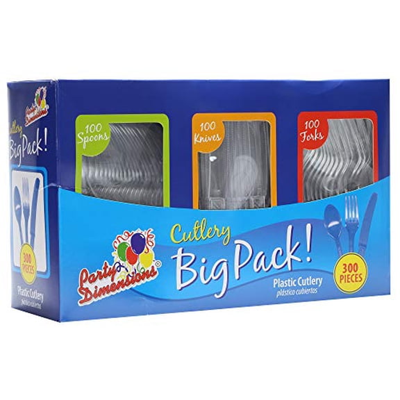 Party Dimensions 300 Count Plastic Cutlery Combo Box, Disposable Clear Plastic Silverware Utensils Set, 100 Forks, 100 spoons, 100 knives