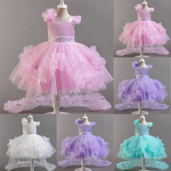Party Dress For Toddler Girls Ruffled Sleeve Mesh Multiple Layer Tailed Dresses Stylish Formal Prom Gown (1-2Years, Pink)