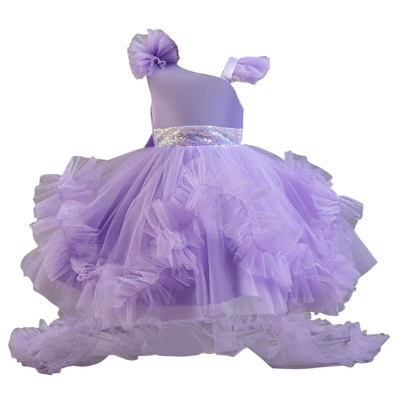 Party Dress For Toddler Girls Ruffled Sleeve Mesh Multiple Layer Tailed Dresses Stylish Formal Prom Gown (1-2Years, Purple)