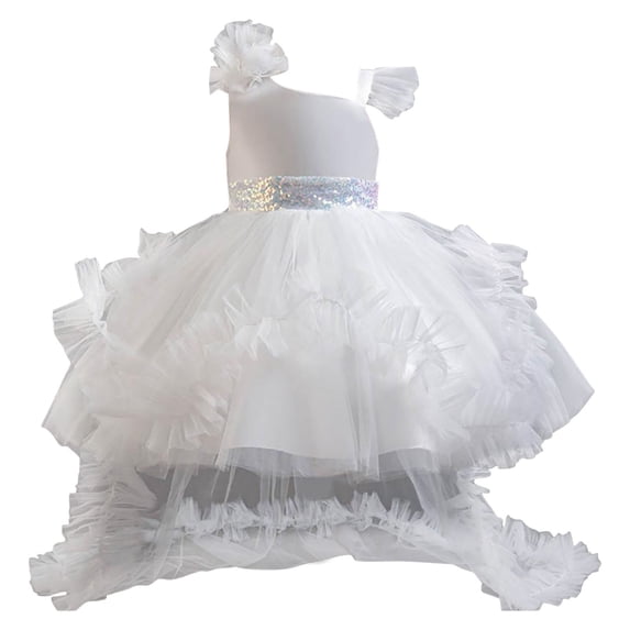 Party Dress For Toddler Girls Ruffled Sleeve Mesh Multiple Layer Tailed Dresses Stylish Formal Prom Gown (3-4Years, White)