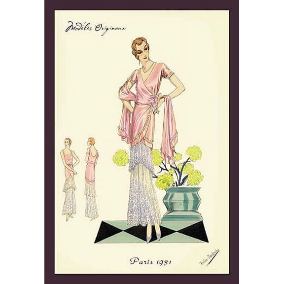 Party Dress in Pink and Blue-Fine Art Canvas Print (20" x 30")