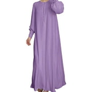 Party Dresses Casual Solid Muslim Dress Lantern Sleeve Abaya Islamic Arab Kaftan Dress Fall Dresses for Women 2024 Purple L