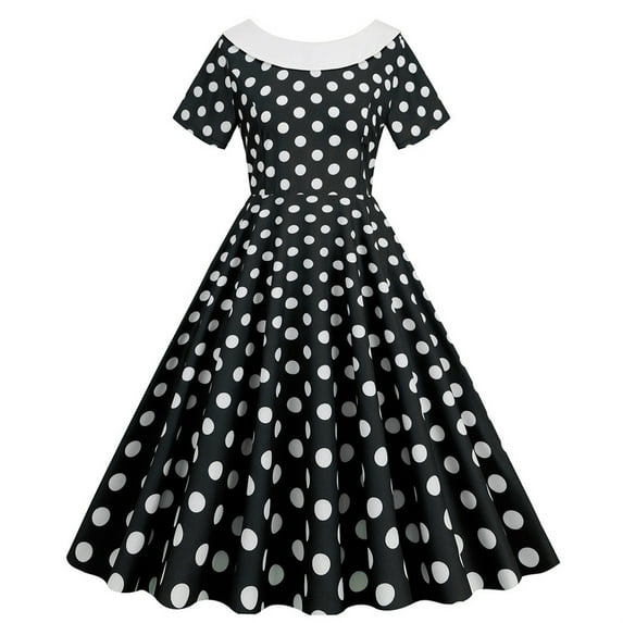 Umfun Womens Dresses A Line Flare Vintage Dress Bowknot Prom Round Neck Collar Short Sleeve Polka Printing Best Gift for Festivals White S