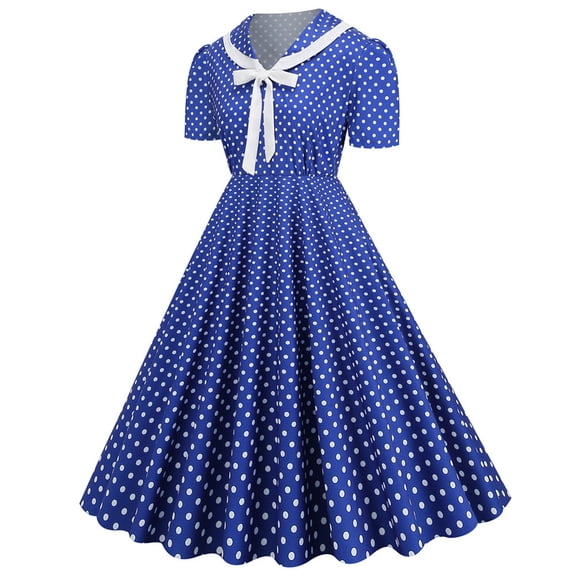 Umfun Womens Dresses A Line Flare Vintage Dress Bowknot Prom V-Neck Collar Short Sleeve Polka Printing Best Gift for Festivals Dark Blue 2XL
