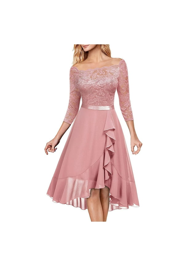 Womens Dresses for Wedding Guest Lace Short Sleeves Cocktail Prom Ballgown Vintage Dress Best Gift for Festivals Pink L