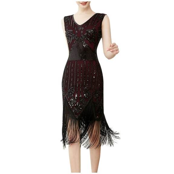 Umfun Womens Dresses for Wedding Guest Suspender Crewneck Sequin Feather Sleeveless Mini Dress Best Gift for Festivals Wine M