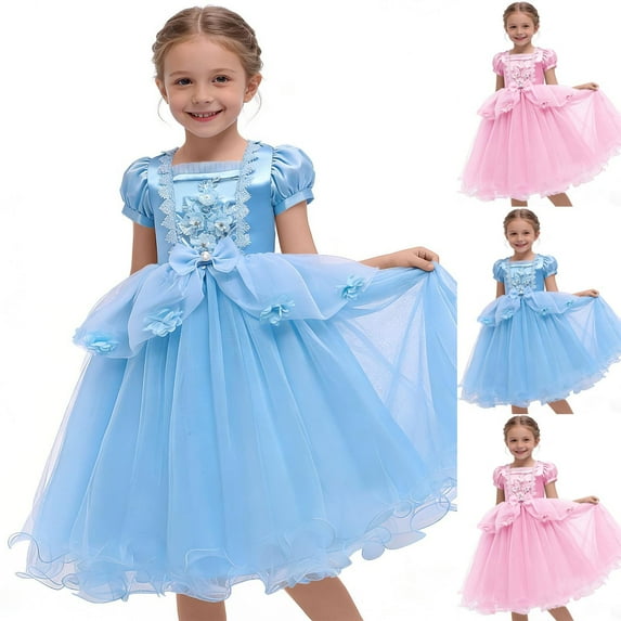Party Dresses For Girls Puff Short Sleeve Square Collar Mesh Patchwork Midi Dress Party Princess Gown (11-12 Years, Blue)