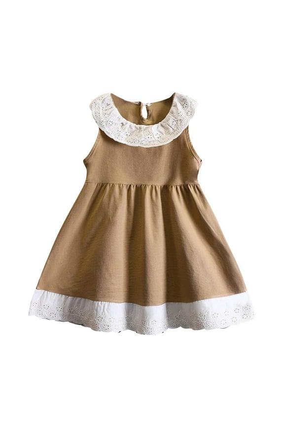 Party Dresses for Girls Big Toddler Girl Short Sleeve Collar Dresses Casual Spring Summer Easter Lace Smocked A-Line Sleeveless Sundress New Brown Newborn