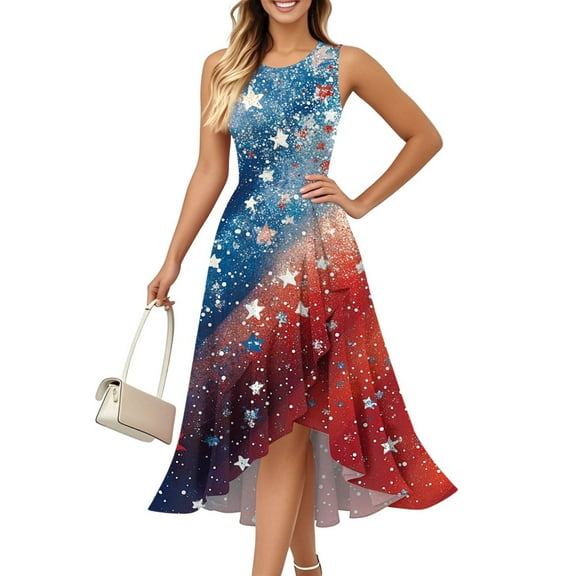 Party Dresses For Women, 4Th Of July Dress Casual Cotton Sleeveless Round Neck American Flag Ruffle Flowy Long Tank Crochet Dresses Women Formal Evening Wedding Dresses Outfits (XXL, Multicolor)