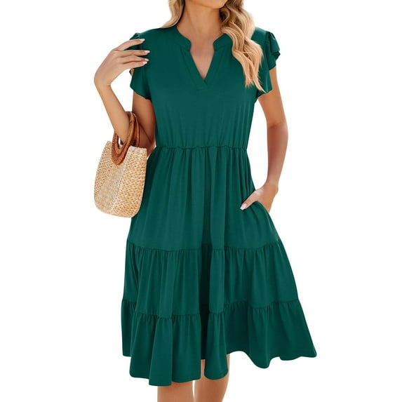 Party Dresses For Women, Casual V Neck Flutter Sleeve Knee Length A Line Dress Graduation Dresses Women 2025 Engagement Photo Dresses With Pockets Teacher Dress Short Dresses (L, Dark Green) ZMTing